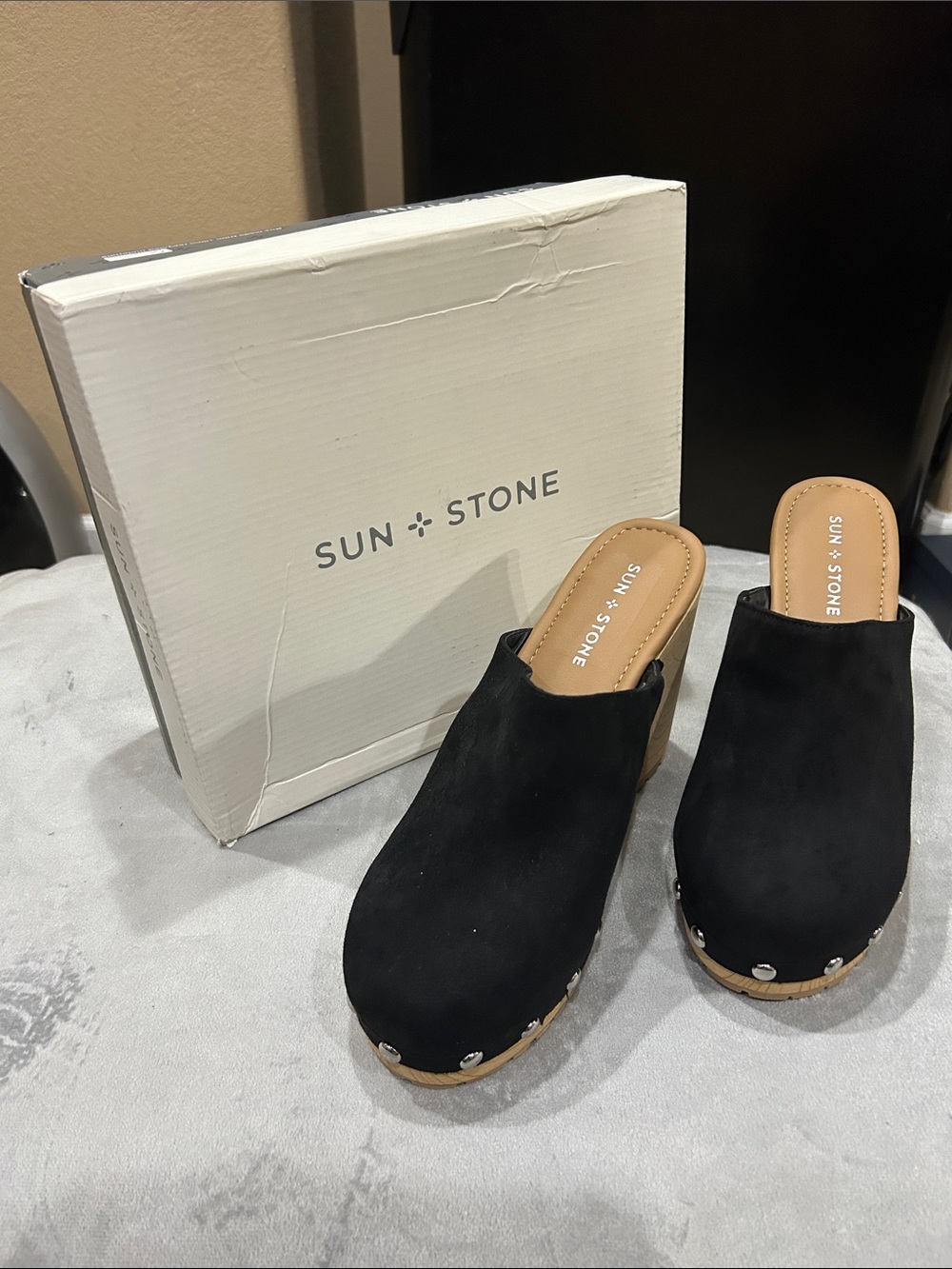Sun + Stone Black Suede Studded Clog Mules with Wood-Look Platform